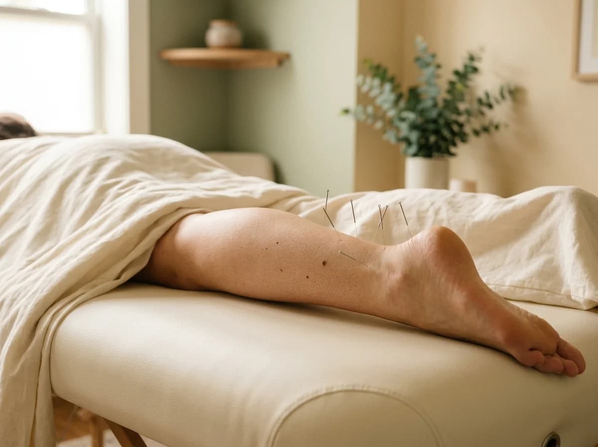 Editorial photograph of acupuncture needles placed along the Achilles tendon for tendinopathy treatment