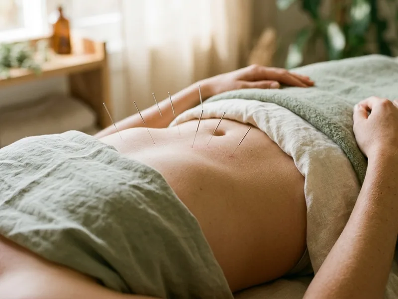 Editorial photograph of acupuncture needles on the upper abdomen for acid reflux and GERD treatment