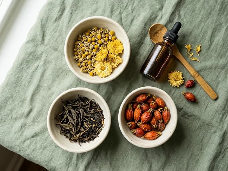 Editorial flat-lay photograph of dried Chinese herbs and tincture used for adult and hormonal acne