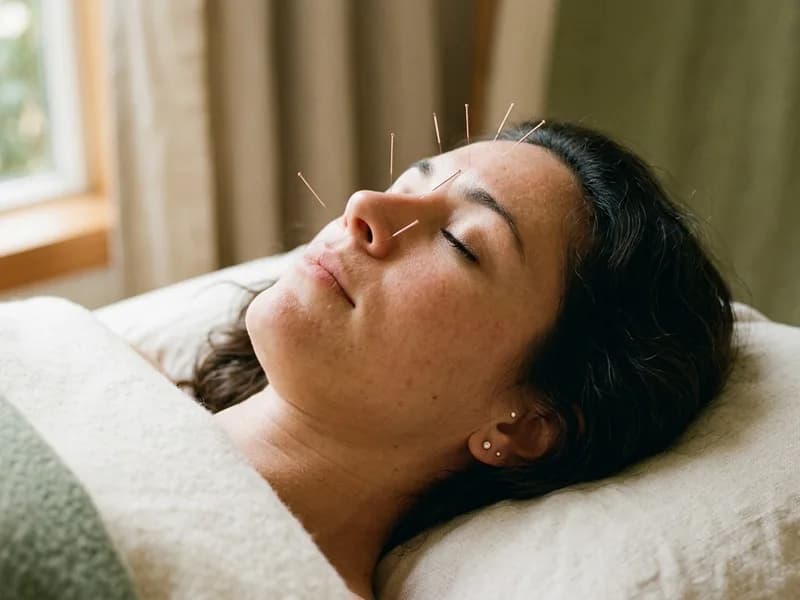 Editorial photograph of acupuncture needles at the bridge of the nose and forehead for allergies and sinus relief