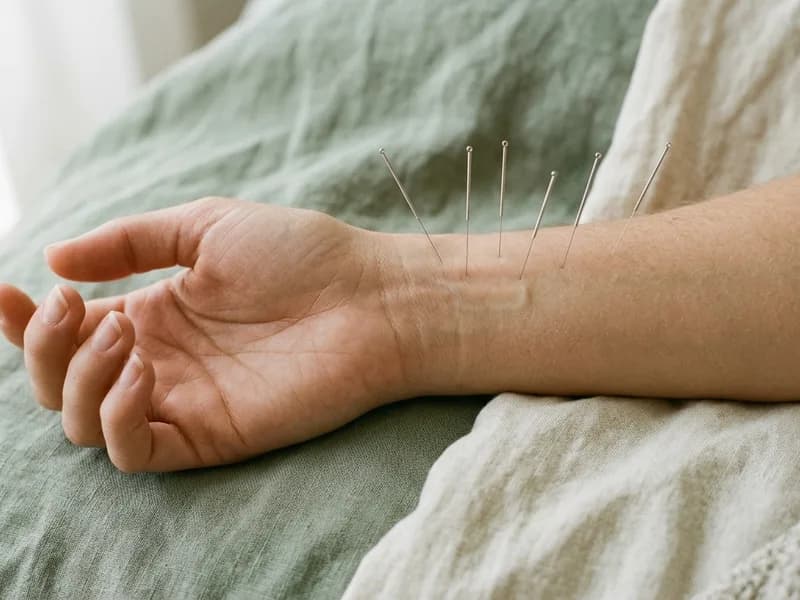 Editorial photograph of acupuncture needles at the inner wrist for anxiety and stress relief