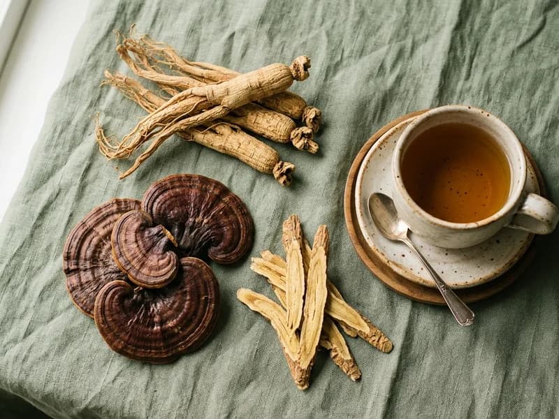 Editorial photograph of dried ginseng, reishi, and astragalus on linen for chronic fatigue treatment