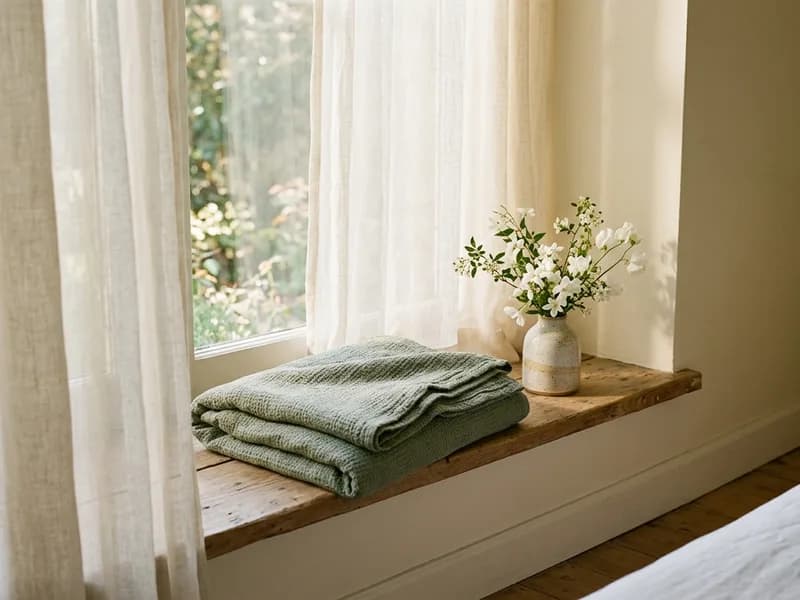 Editorial photograph of soft morning light on sage linen and white blossoms, evoking calm and renewal
