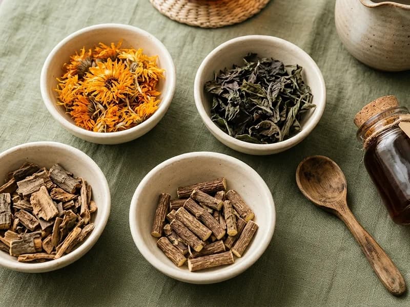 Editorial flat-lay photograph of dried Chinese herbs in ceramic bowls used for eczema treatment