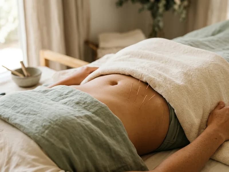 Editorial photograph of acupuncture needles on the lower abdomen for fertility support