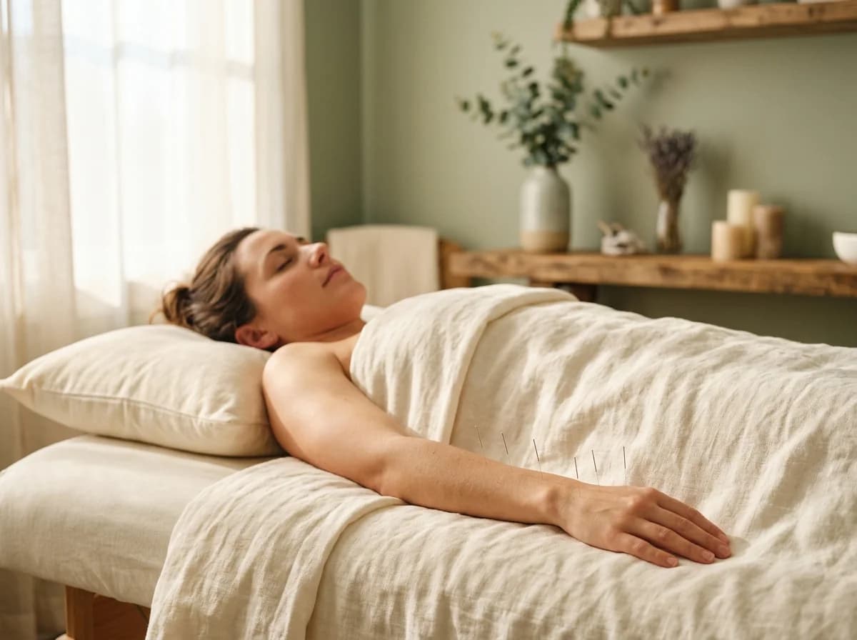 Editorial photograph of gentle acupuncture treatment for fibromyalgia widespread pain