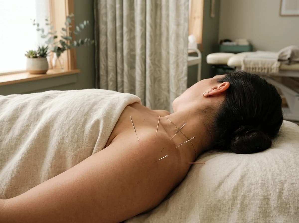 Editorial photograph of acupuncture and manual therapy on the shoulder for adhesive capsulitis treatment