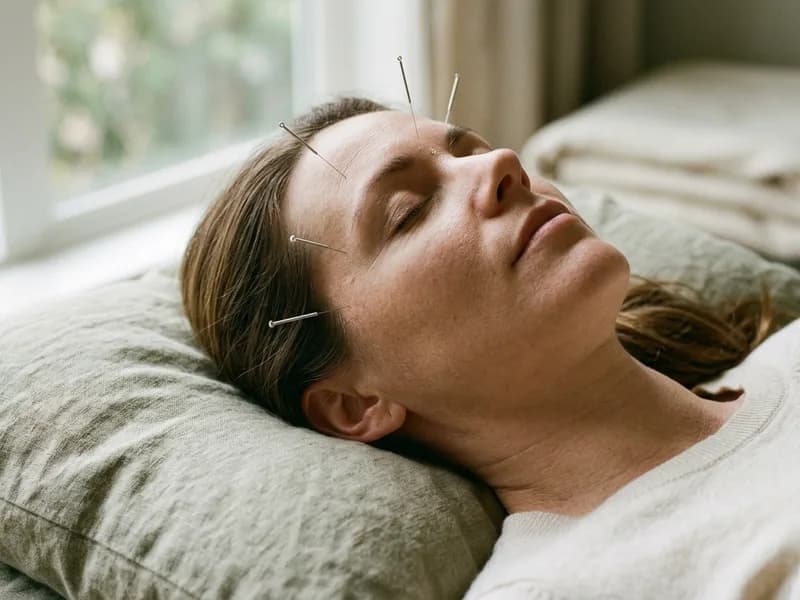 Editorial photograph of acupuncture needles at the temple for headache and migraine treatment