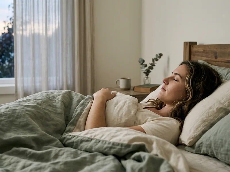 Editorial photograph of a person sleeping peacefully in soft sage linen bedding