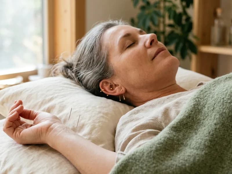 Editorial photograph of acupuncture needles at the wrist and ear of a relaxed woman for menopause symptom relief