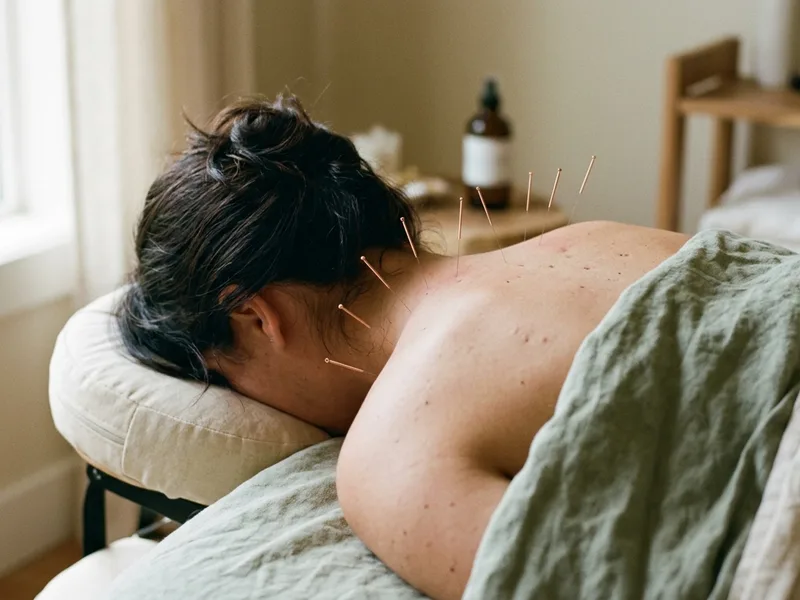 Editorial photograph of acupuncture needles in the neck and upper trapezius for neck pain treatment