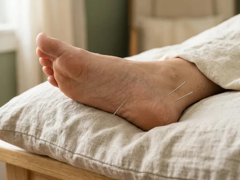 Editorial photograph of acupuncture needles on the heel and arch of the foot for plantar fasciitis