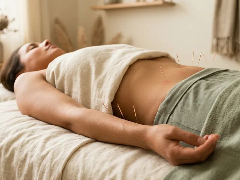 Editorial photograph of acupuncture needles on the lower abdomen and inside wrist for PMS and menstrual pain