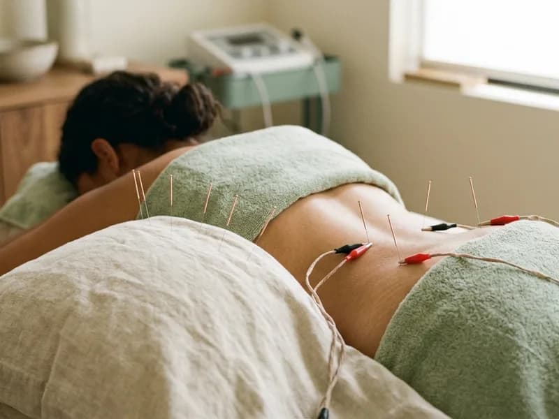 Editorial photograph of acupuncture needles along the lower back and gluteal region for sciatica treatment