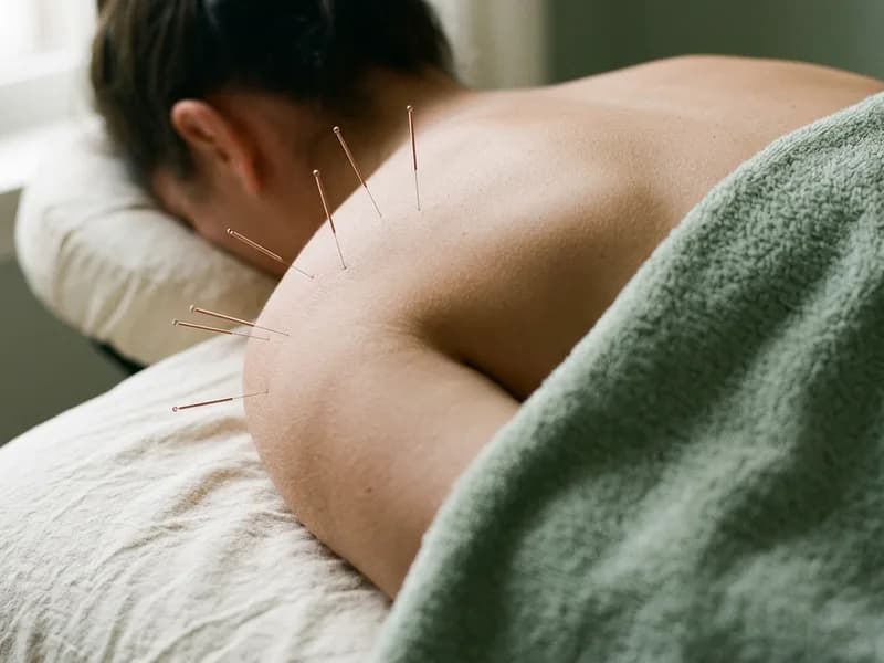 Editorial photograph of acupuncture needles in the shoulder and rotator cuff area