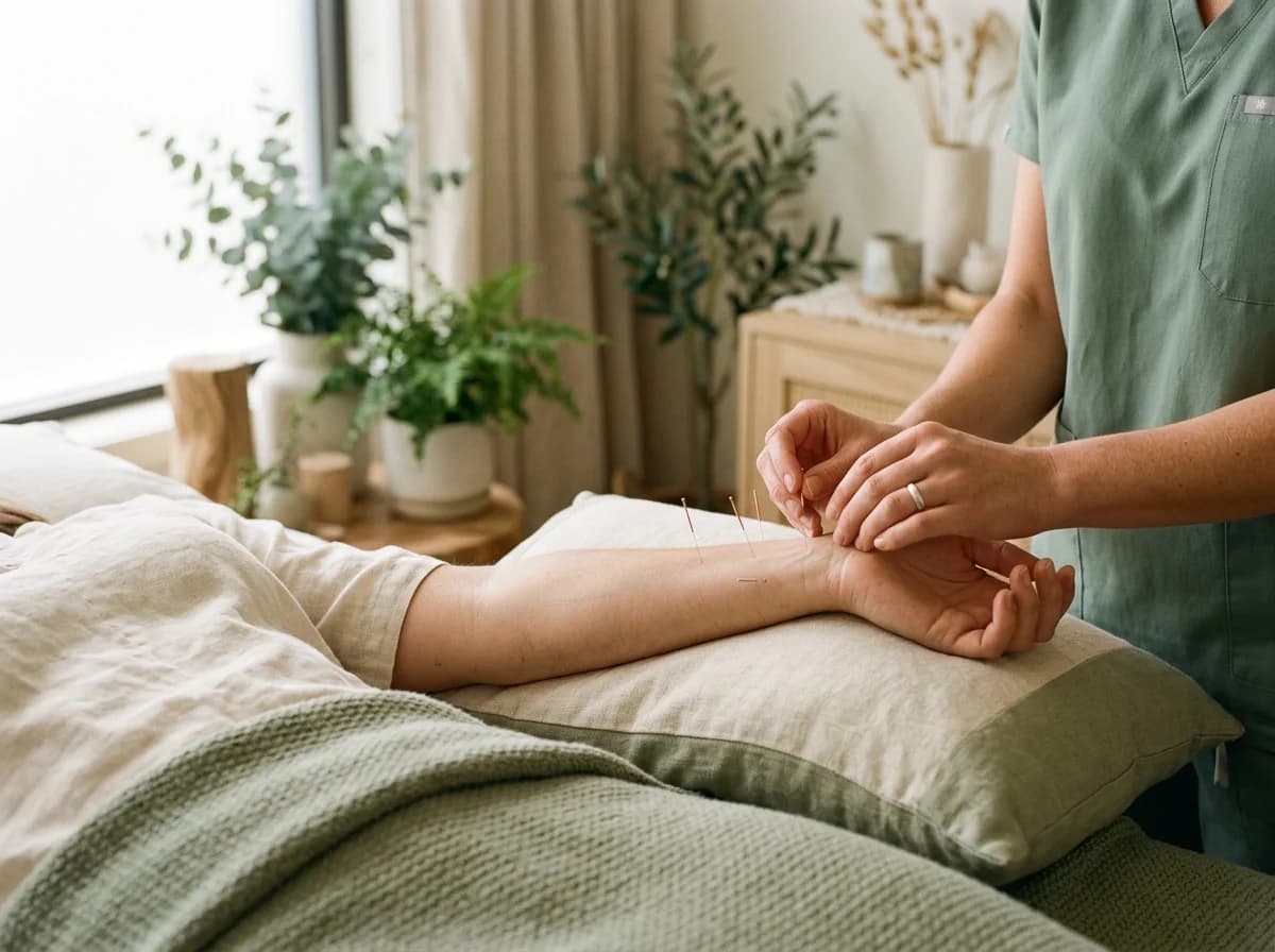 Editorial photograph of acupuncture needles in the wrist and forearm for carpal tunnel syndrome treatment