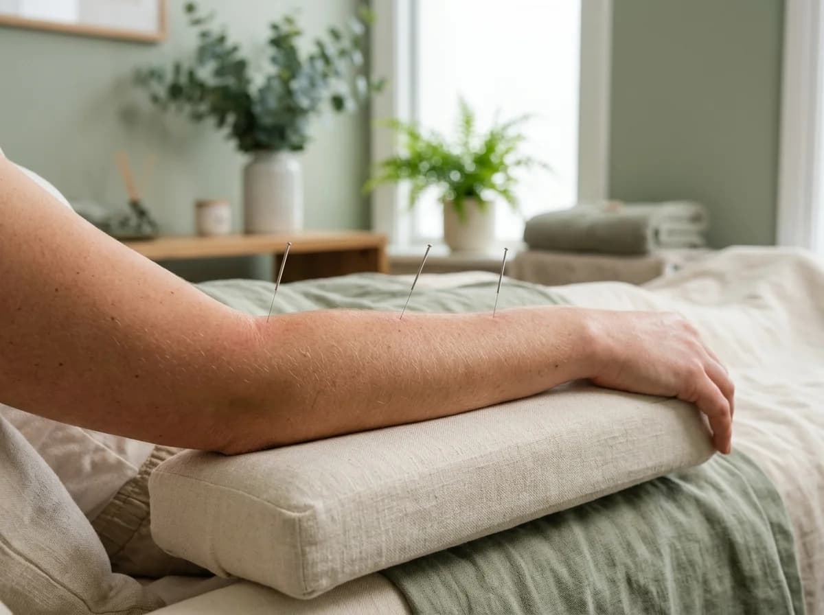Editorial photograph of acupuncture needles placed at the lateral elbow for tennis elbow treatment